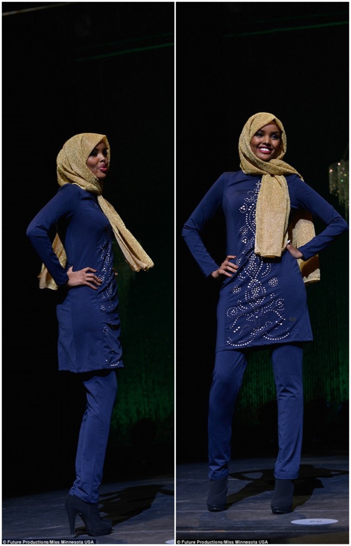 Halima Aden strikes a pose while wearing her burkini on stage during the Miss Minnesota USA contest